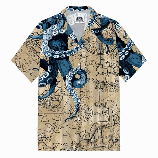 Big Octopus Print Camp Collar Short Sleeve Shirt