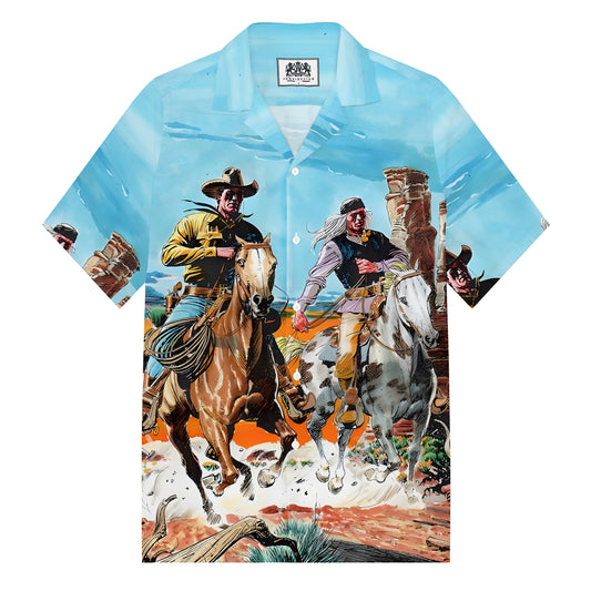 Western Cowboy Returning From Horseback Print Camp Collar Short Sleeve Shirt