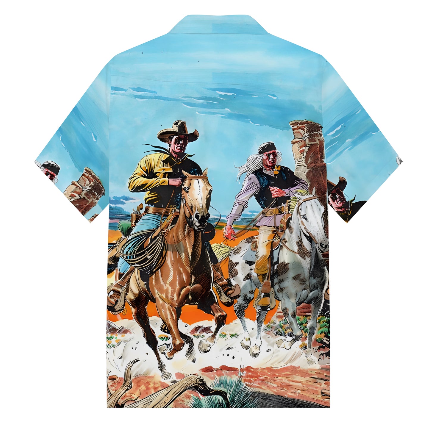 Western Cowboy Returning From Horseback Print Camp Collar Short Sleeve Shirt