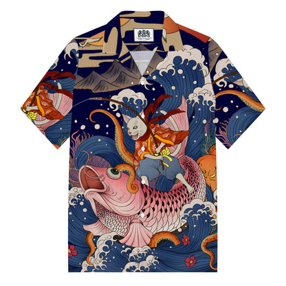 Kanagawa Sea Cat Koi Print Camp Collar Short Sleeve Shirt