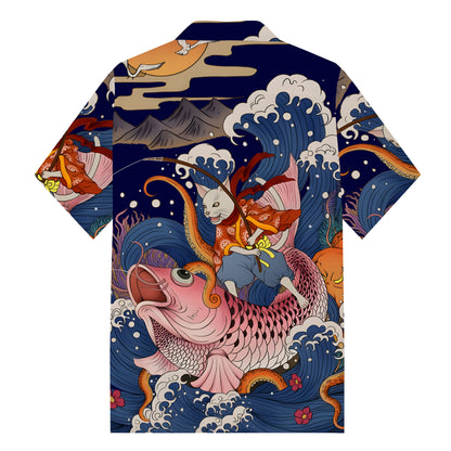 Kanagawa Sea Cat Koi Print Camp Collar Short Sleeve Shirt