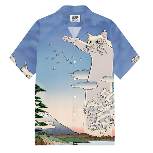 Giant Cat Mount Fuji Print Camp Collar Short Sleeve Shirt