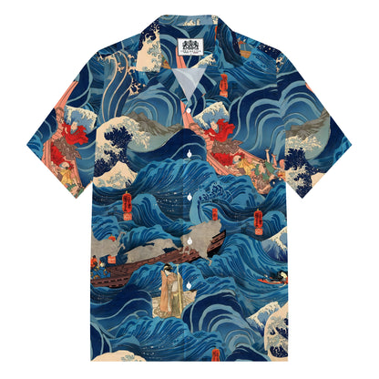 The Great Wave Off Kanagawa Cruise Ship Print Camp Collar Short Sleeve Shirt