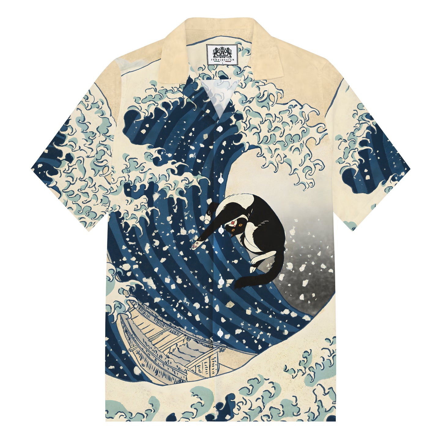 Cat Surf Kanagawa Great Wave Print Camp Collar Short Sleeve Shirt