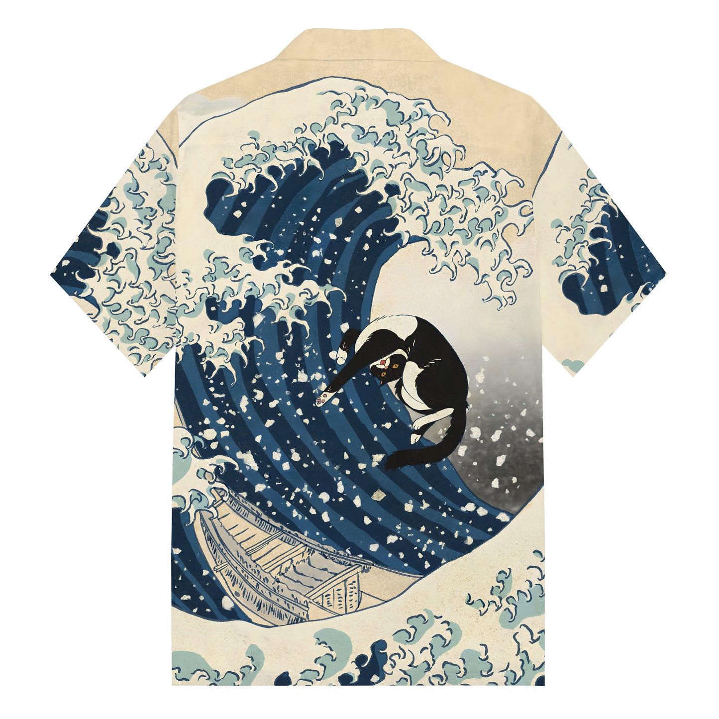 Cat Surf Kanagawa Great Wave Print Camp Collar Short Sleeve Shirt