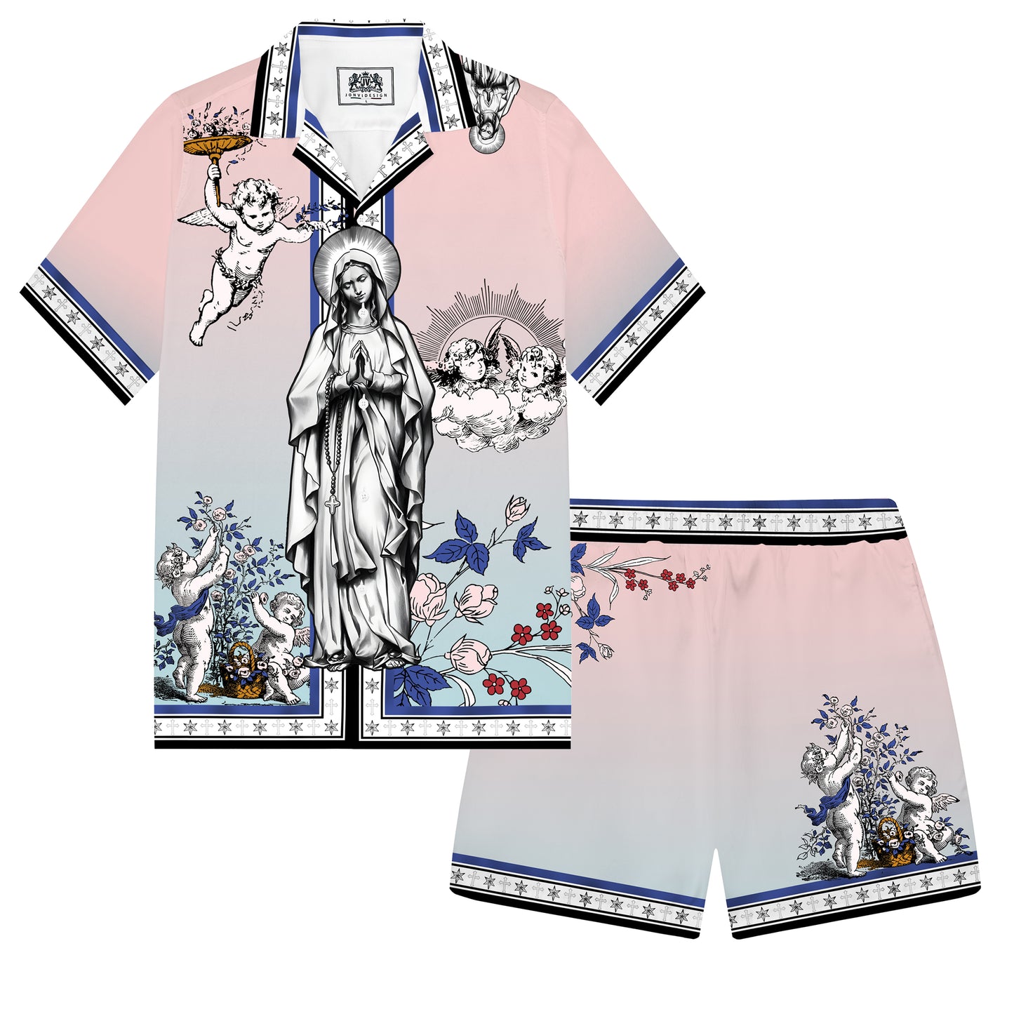 Virgin Statue Ancient Greek Cherub Print Elastic Waistband Summer Casual Shorts