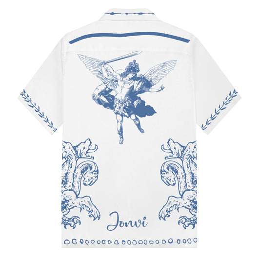 Archangel Michael Print Camp Collar Short Sleeve Shirt