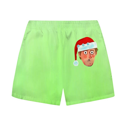 Funny Santa Hat Portrait Neon Green Elastic Waistband Casual Shorts