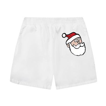 Santa Claus Print White Elastic Waistband Casual Shorts