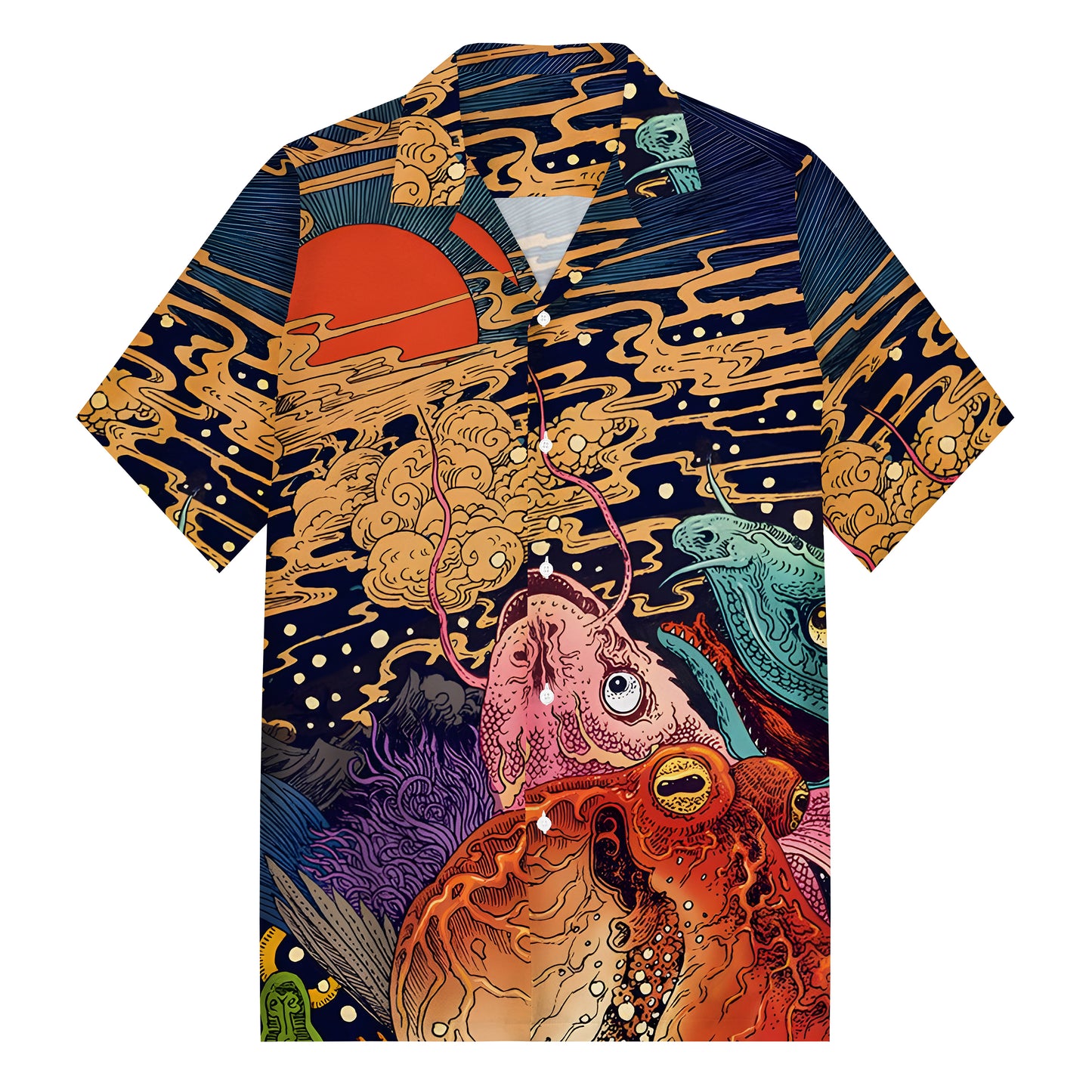 Ukiyoe Marine Life Print Camp Collar Short Sleeve Shirt