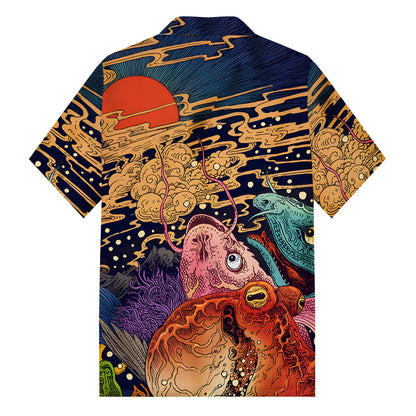 Ukiyoe Marine Life Print Camp Collar Short Sleeve Shirt