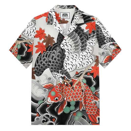 Eagle Koi Playful Print Camp Collar Short Sleeve Shirt