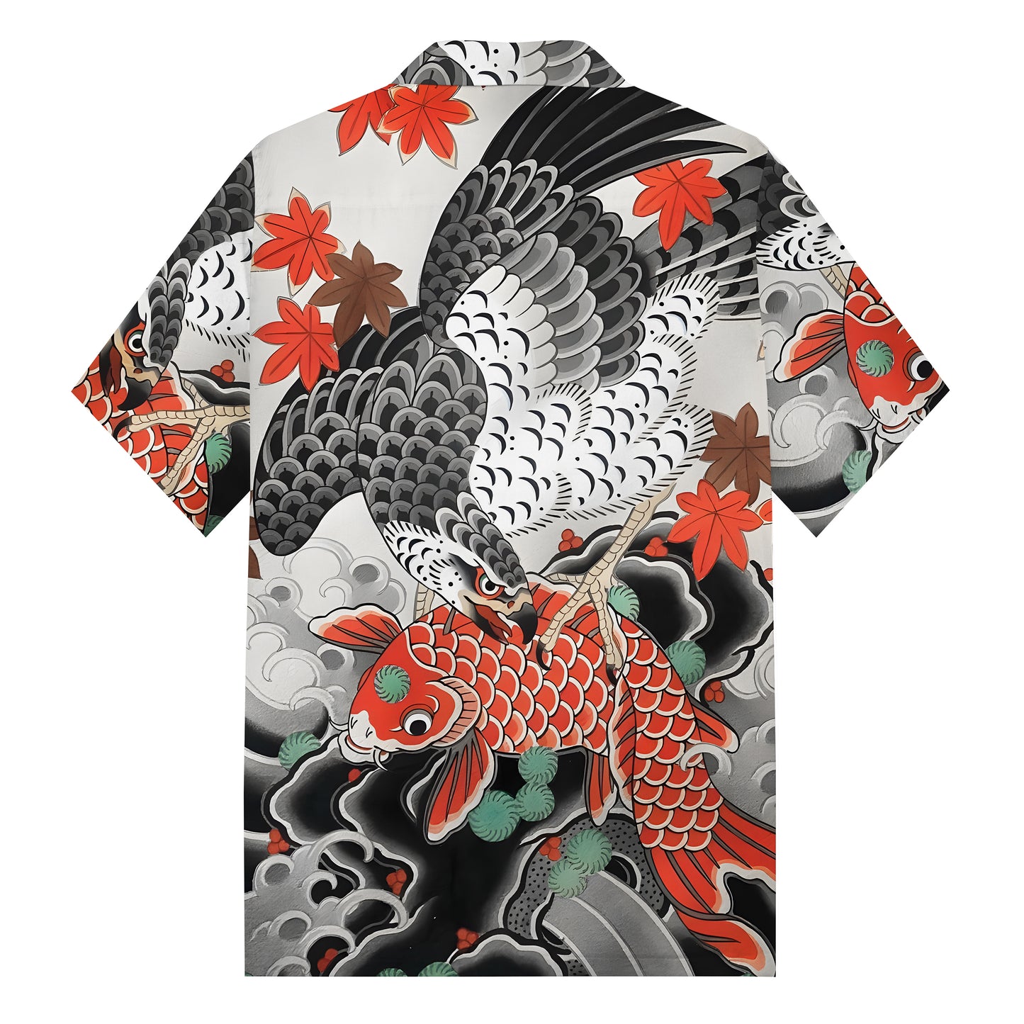 Eagle Koi Playful Print Camp Collar Short Sleeve Shirt