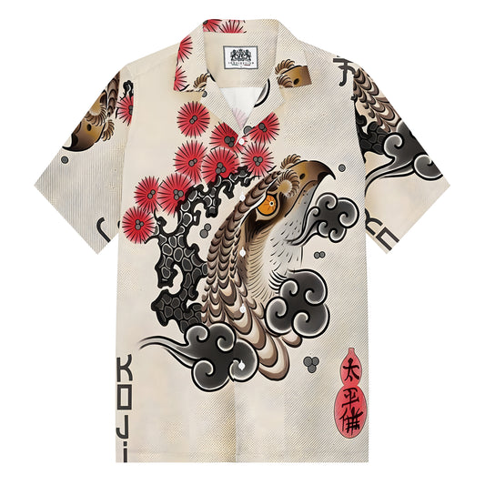 Auspicious Cloud Pattern Eagle Head Print Camp Collar Short Sleeve Shirt