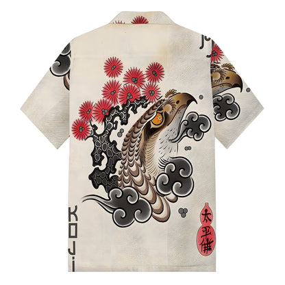 Auspicious Cloud Pattern Eagle Head Print Camp Collar Short Sleeve Shirt