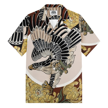 Soaring Eagle Print Camp Collar Short Sleeve Shirt Chrysanthemum Decoration