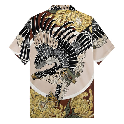 Soaring Eagle Print Camp Collar Short Sleeve Shirt Chrysanthemum Decoration