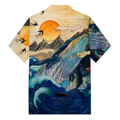 Japanese Whale Sun Wave Trippy Animal Print Camp Collar Short Sleeve Shirt