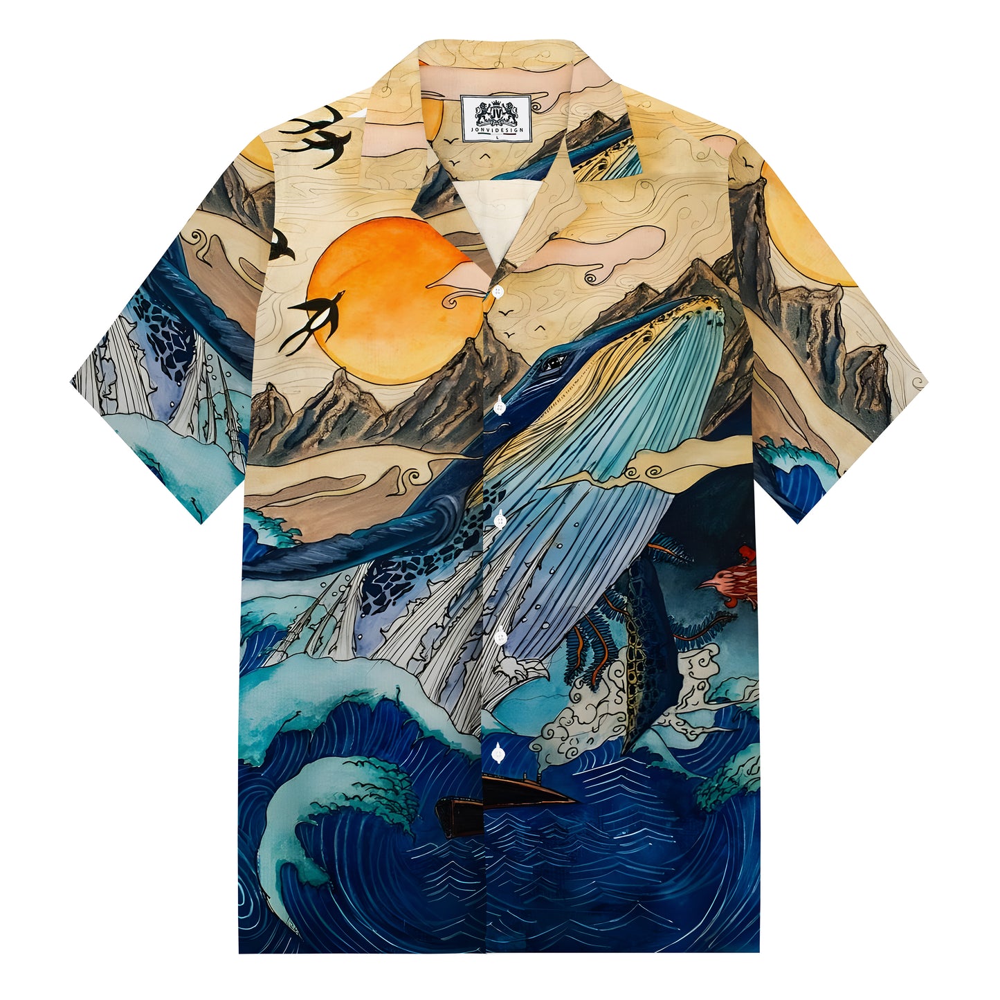 Japanese Whale Sun Wave Trippy Animal Print Camp Collar Short Sleeve Shirt