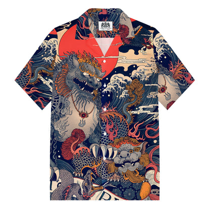 The Great Wave off Kanagawa lion Print Camp Collar Short Sleeve Shirt