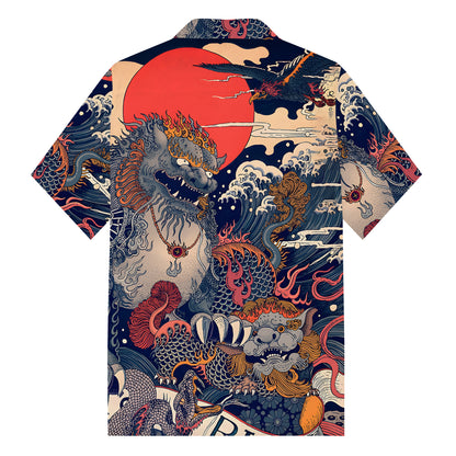 The Great Wave off Kanagawa lion Print Camp Collar Short Sleeve Shirt