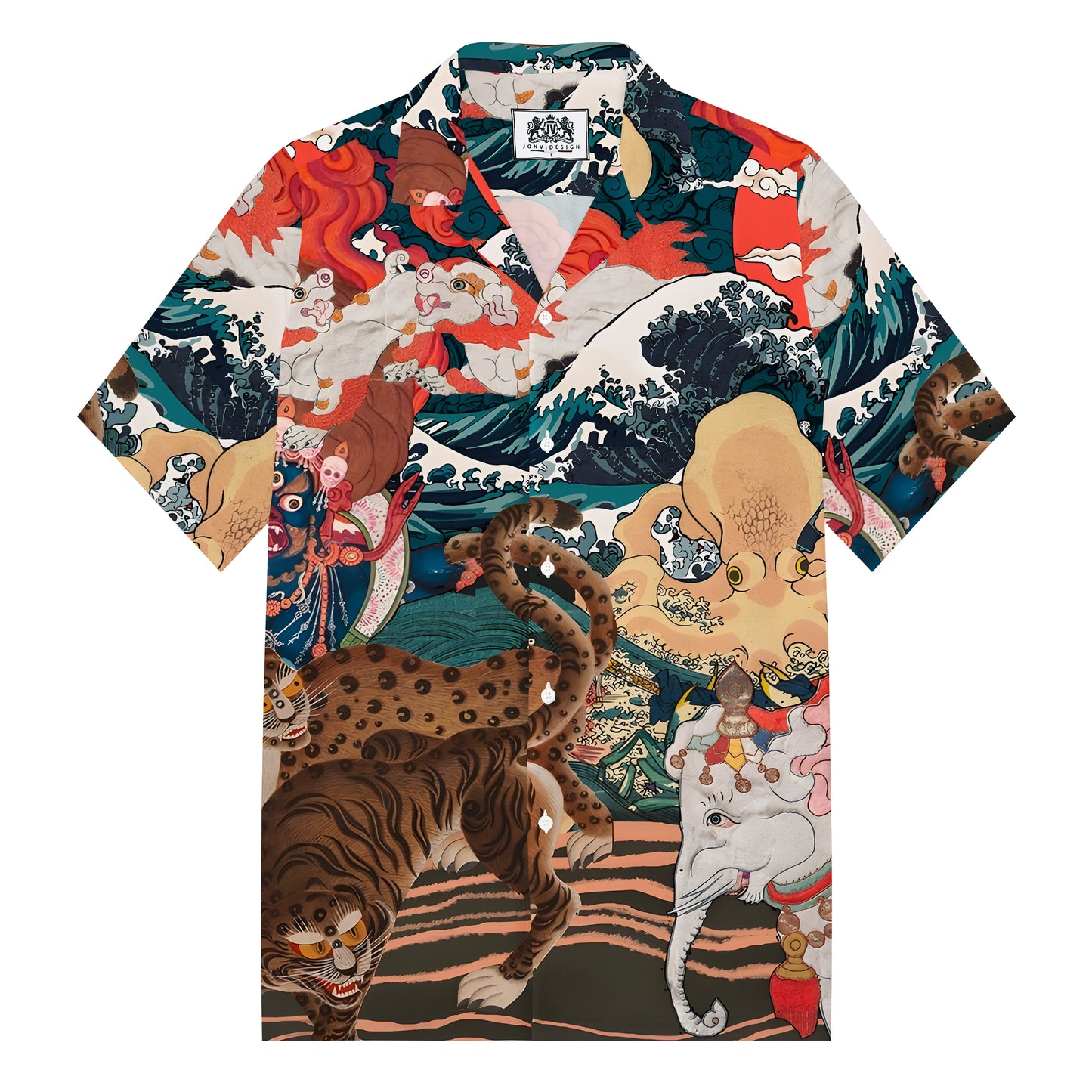 The Great Wave off Kanagawa Animal World Print Camp Collar Short Sleeve Shirt