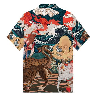 The Great Wave off Kanagawa Animal World Print Camp Collar Short Sleeve Shirt