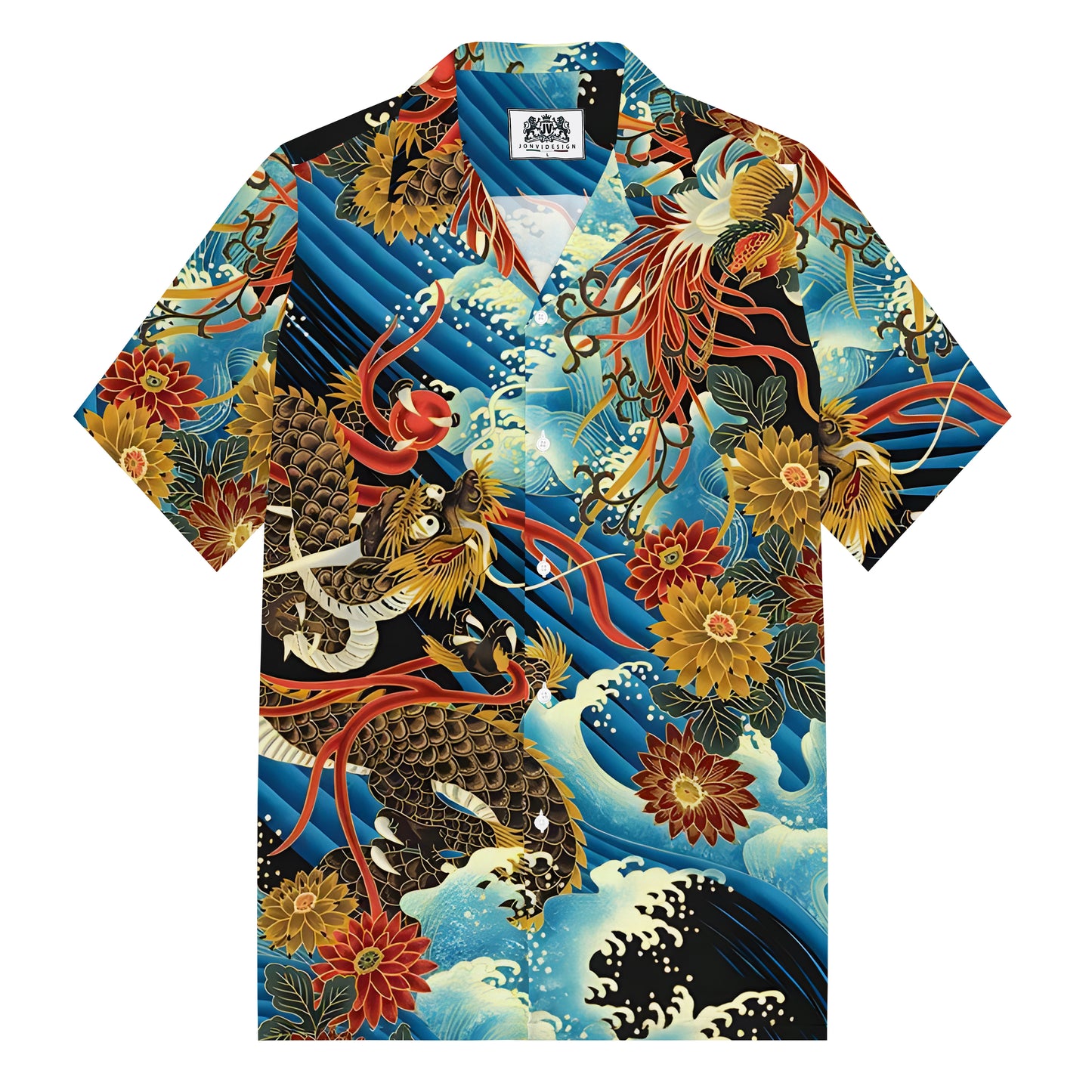 Golden Dragon The Great Wave off Kanagawa Print Camp Collar Short Sleeve Shirt