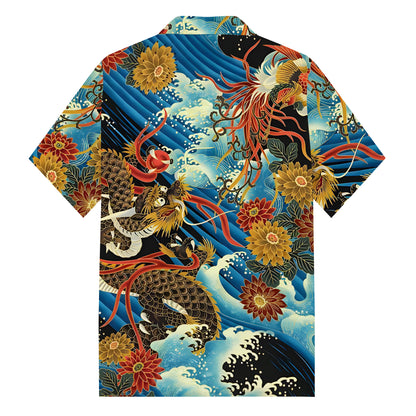 Golden Dragon The Great Wave off Kanagawa Print Camp Collar Short Sleeve Shirt