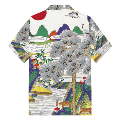 Elk Wonderland Print Camp Collar Short Sleeve Shirt