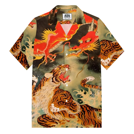 Dragon And Tiger Playful Print Camp Collar Short Sleeve Shirt