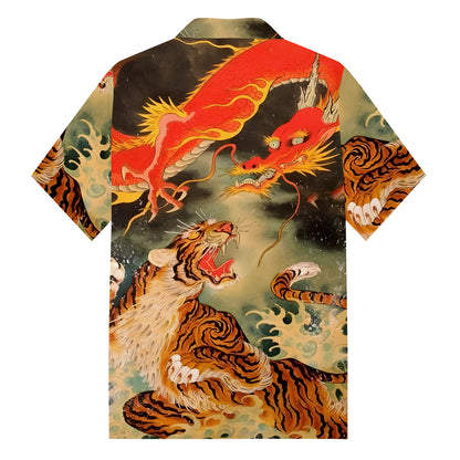 Dragon And Tiger Playful Print Camp Collar Short Sleeve Shirt