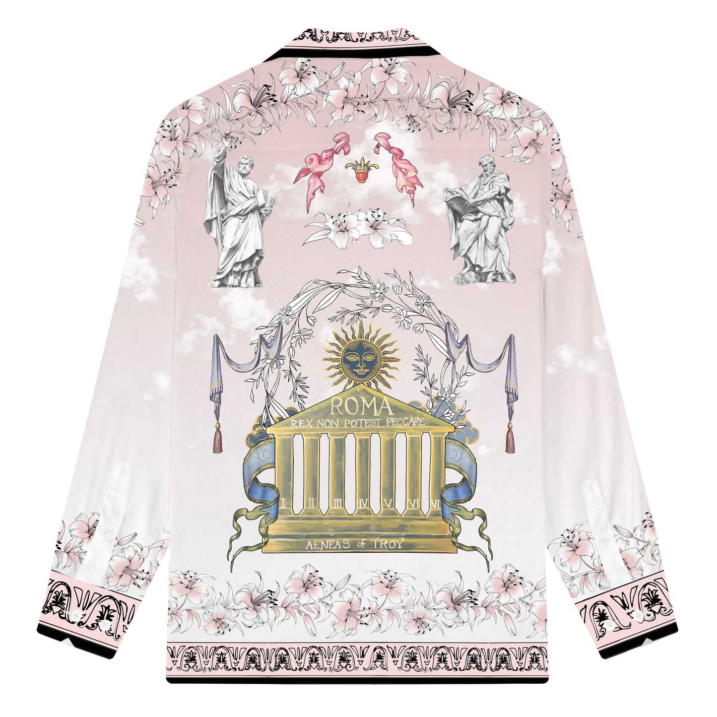 Roman Temple Print Camp Collar Long Sleeve Shirt