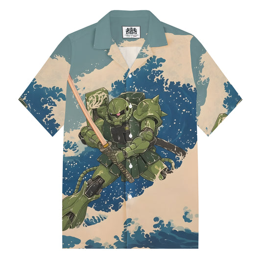 Green Skin Mobile Suit Gundam Print Camp Collar Short Sleeve Shirt