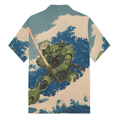 Green Skin Mobile Suit Gundam Print Camp Collar Short Sleeve Shirt