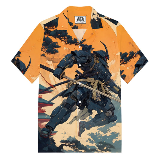 Gundam Series Print Camp Collar Short Sleeve Shirt Orange short-sleeved shirt