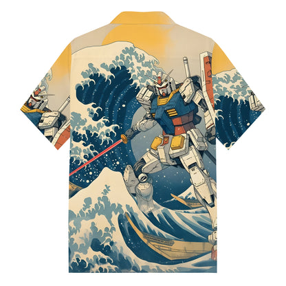 Ukiyoe The Great Wave off Kanagawa Gundam Fighter Print Camp Collar Short Sleeve Shirt