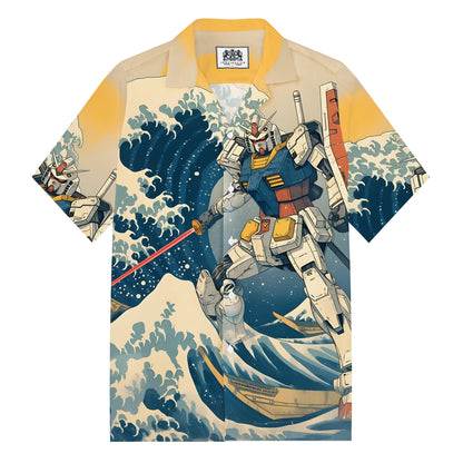 Ukiyoe The Great Wave off Kanagawa Gundam Fighter Print Camp Collar Short Sleeve Shirt