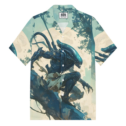 Movie Alien Print Camp Collar Short Sleeve Shirt