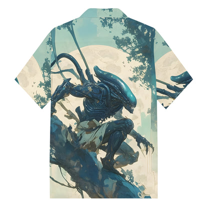 Movie Alien Print Camp Collar Short Sleeve Shirt