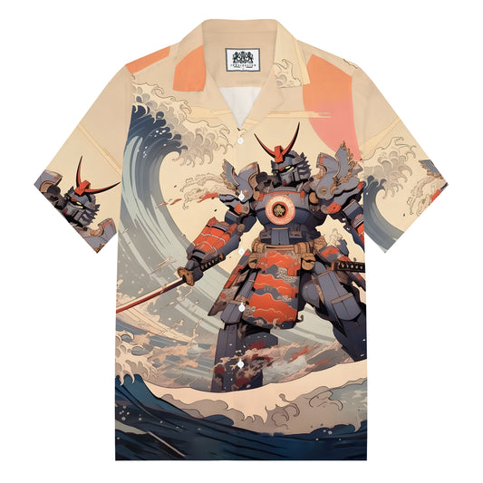 Ukiyoe The Great Wave off Kanagawa Gundam Fighter Print Camp Collar Short Sleeve Shirt