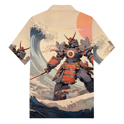 Ukiyoe The Great Wave off Kanagawa Gundam Fighter Print Camp Collar Short Sleeve Shirt