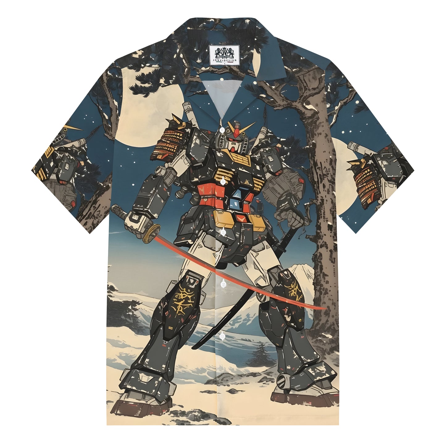 Gundam at the Foot of Mount Fuji Print Camp Collar Short Sleeve Shirt