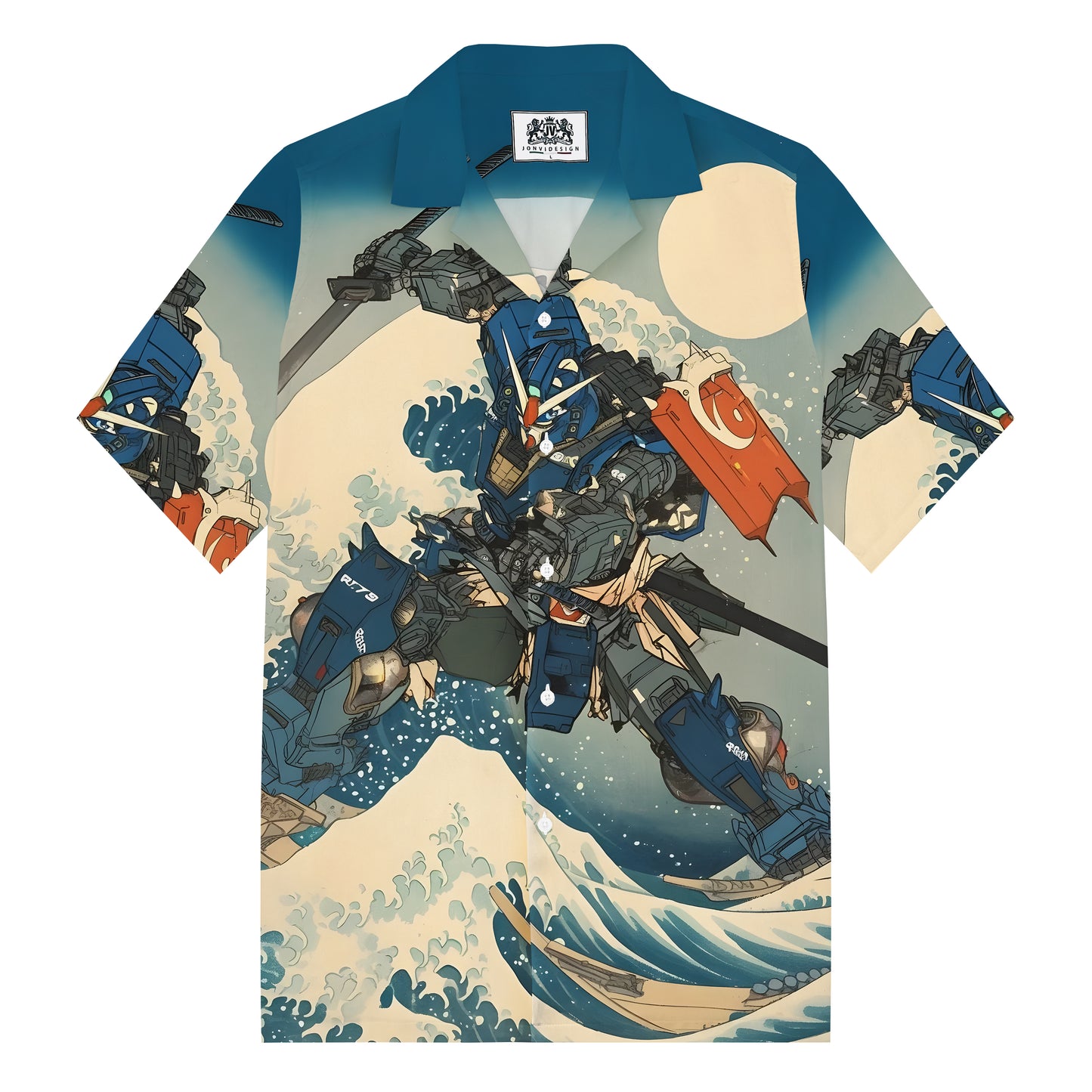 Sea Rising Moon Gundam Print Camp Collar Short Sleeve Shirt