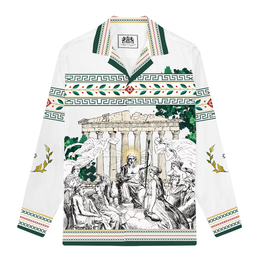 Greek Gods Print Long Sleeve Camp Collar Shirt