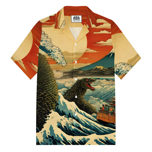 The Great Wave off Kanagawa Monster Print Camp Collar Short Sleeve Shirt