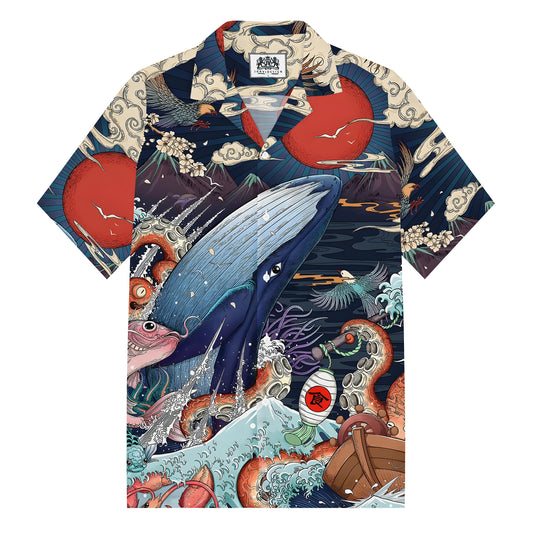 Ukiyo-e Ocean World Blue Sea Print Camp Collar Short Sleeve Shirt