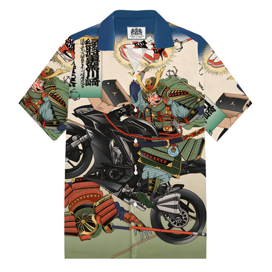 Ukiyoe Motorcycle Print Camp Collar Short Sleeve Shirt