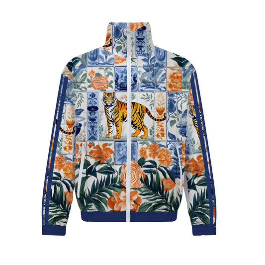 Tiger Among Flowers Print Zip Up Track Suit Top