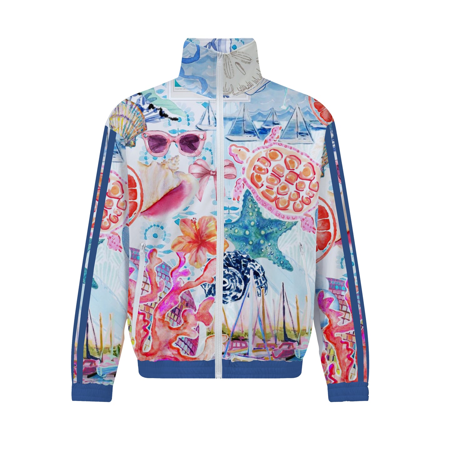 Hawaiian Beach Style Print Zip Up Track Suit Top